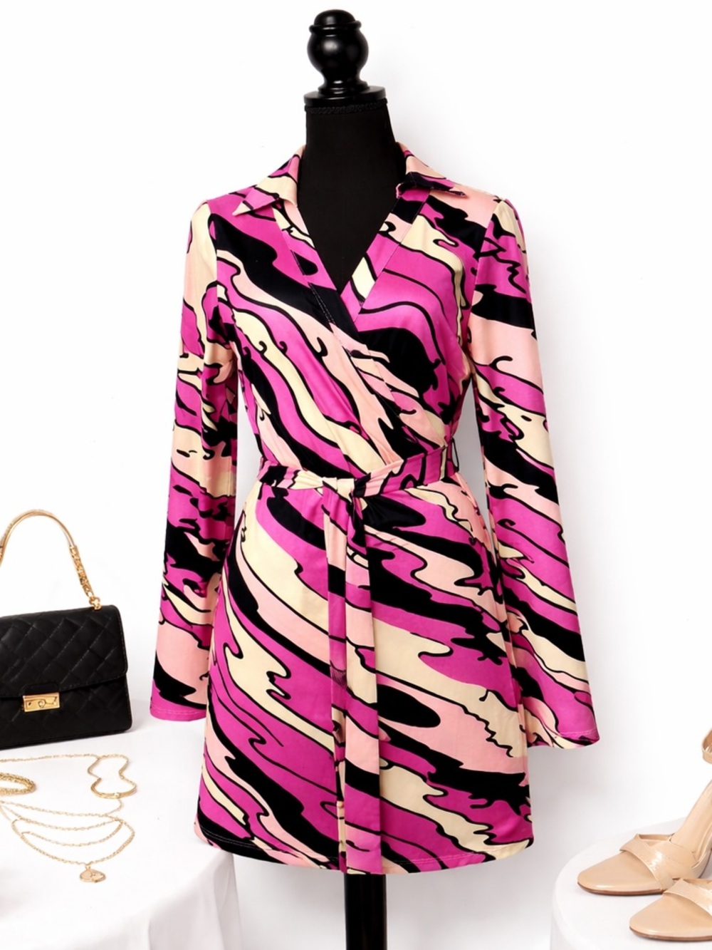 Julie Brown Wrap Dress Pink Black Abstract Print Long Sleeve Size L